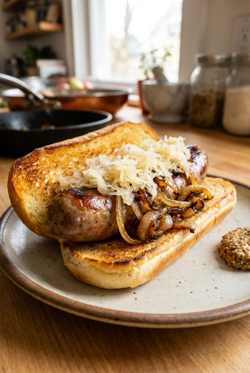 Bratwurst in a toasted bun topped with browned onions and sauerkraut on a plate