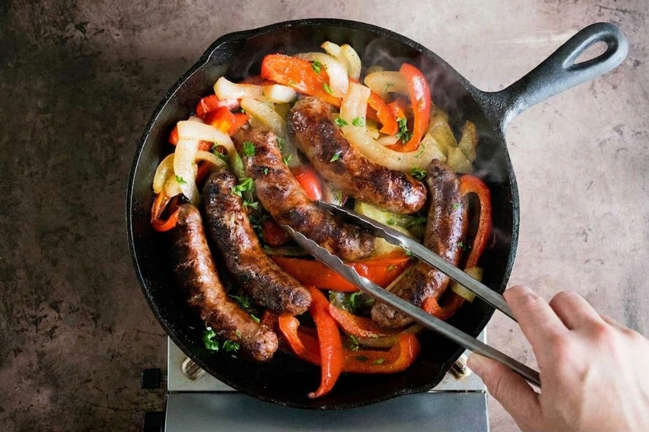 Bratwurst links being turned with tongs as they sear in a hot skillet on a home stove, edges browning