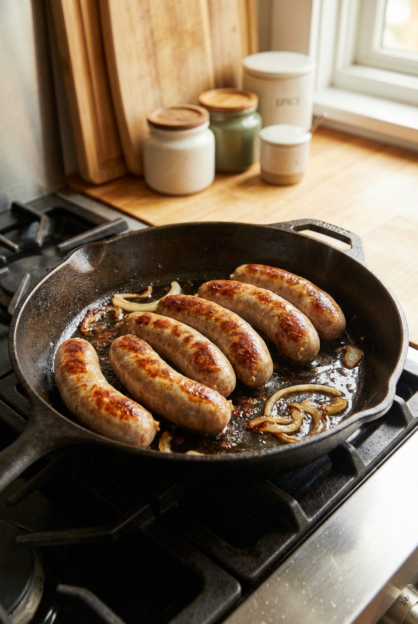 Bratwurst links browning in a cast iron skillet on a stovetop