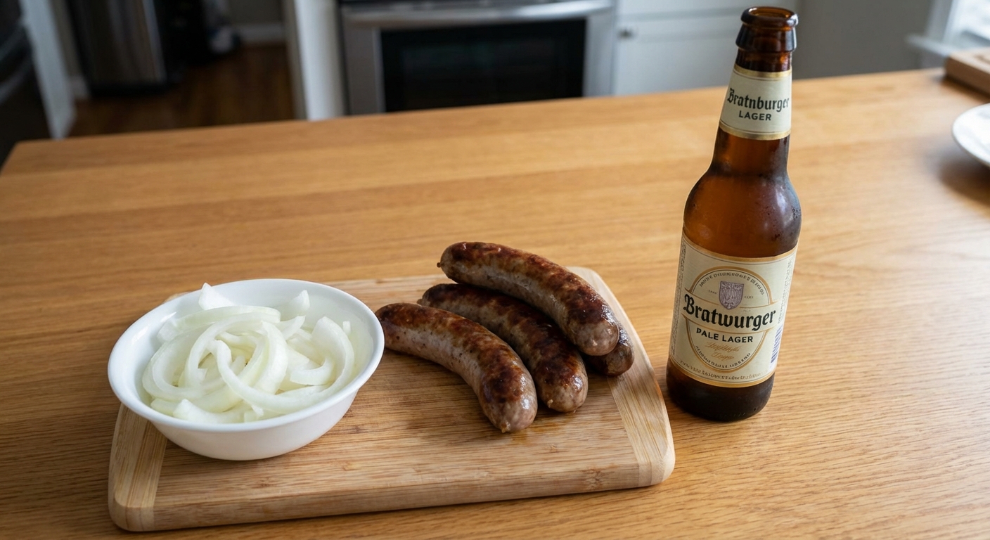 Bratwurst links resting on a cutting board next to a bowl of sliced onions and a bottle of pale lager