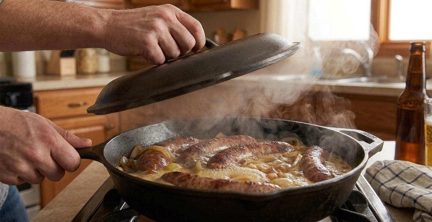 Bratwurst links simmering in beer with onions in a covered skillet, steam rising when the lid is lifted