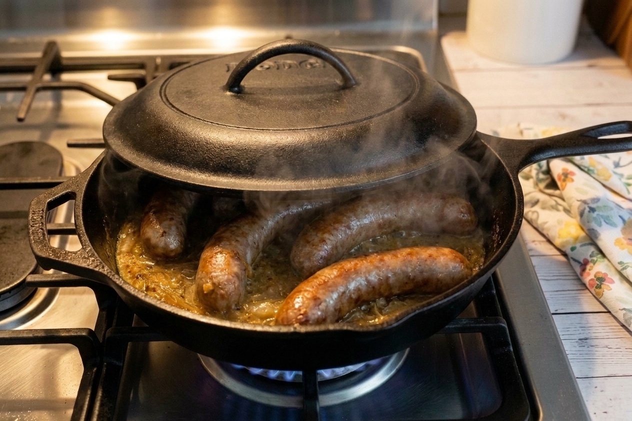 Bratwurst sausages simmering in beer with onions in a covered skillet on a stove