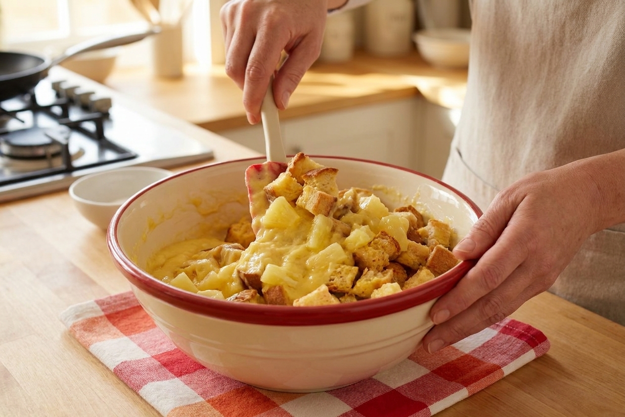 Bread cubes being folded into a pineapple and egg custard mixture in a large bowl on a kitchen counter