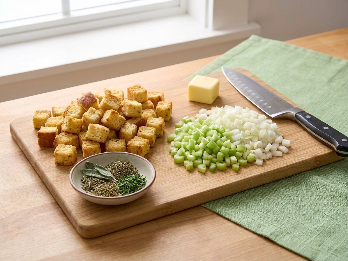 Bread cubes, diced celery, diced onion, butter, and dried herbs arranged on a cutting board