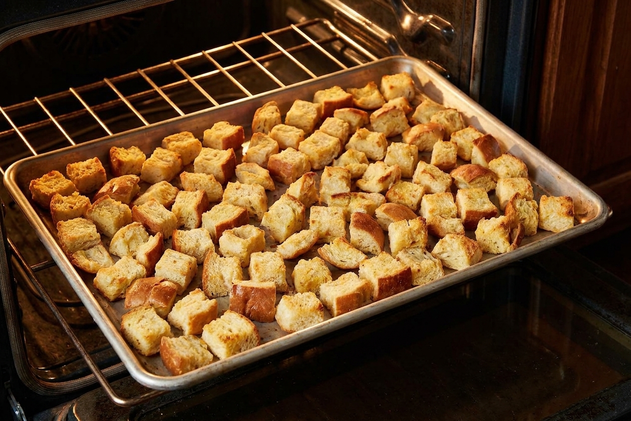 Bread cubes spread on a rimmed sheet pan, partially dried in a warm oven