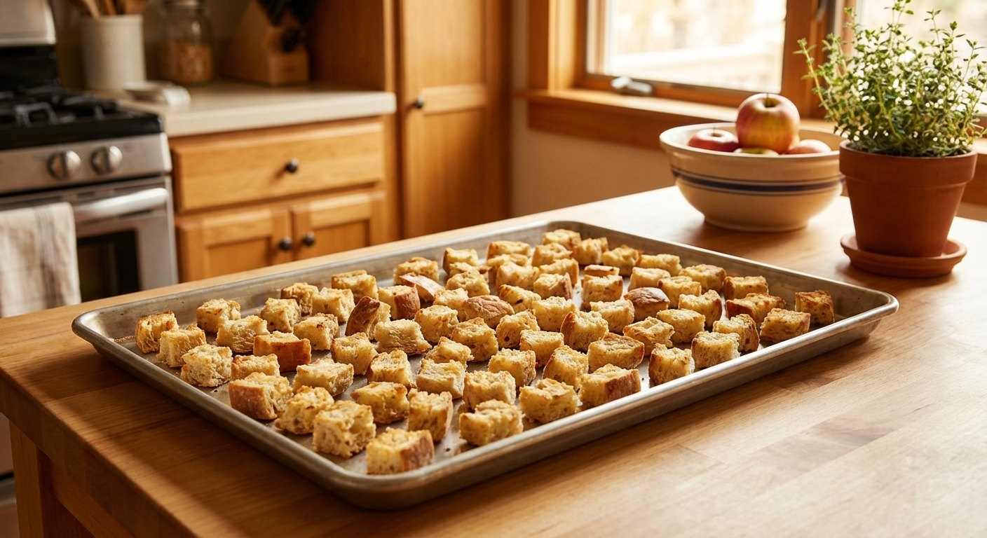 Bread cubes spread on a sheet pan ready to toast in the oven, photographed in a home kitchen with warm light