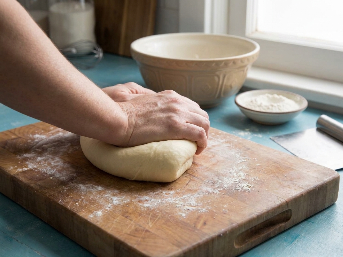 Bread dough being kneaded on a lightly floured wooden cutting board until smooth and elastic