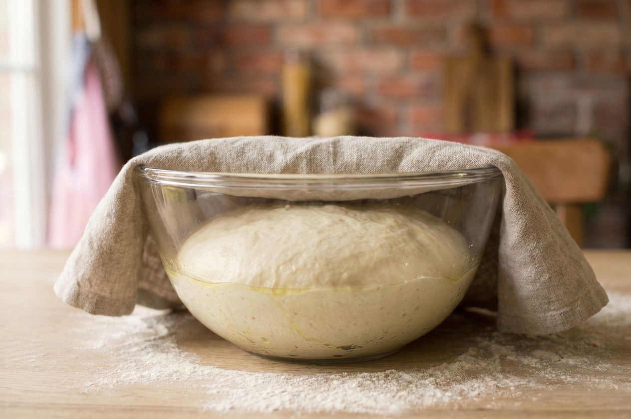 Bread dough rising in a lightly oiled glass bowl covered with a towel on a kitchen counter