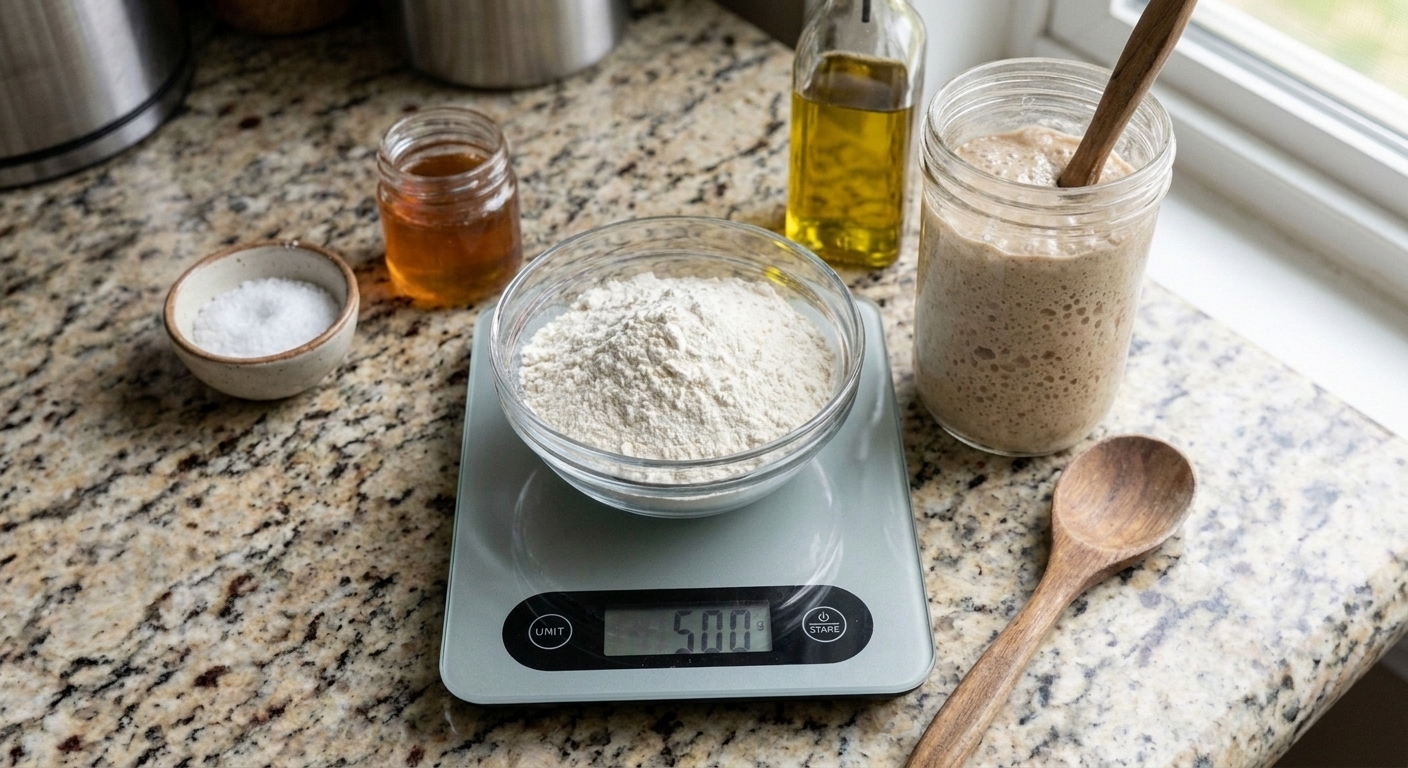Bread flour, salt, honey, olive oil, and a bowl of sourdough starter measured on a kitchen counter with a digital scale