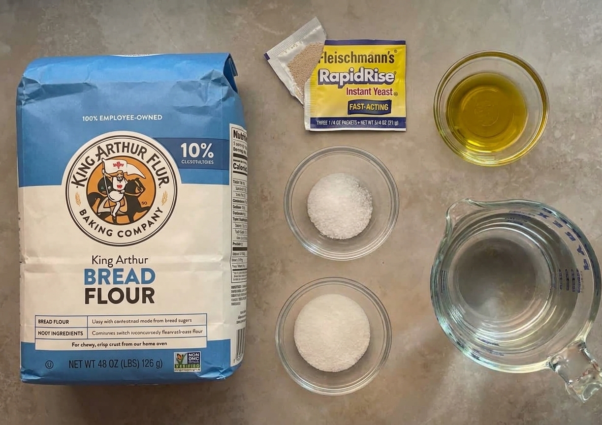 Bread flour, salt, yeast, sugar, olive oil, and a measuring cup of water measured out on a kitchen counter before mixing