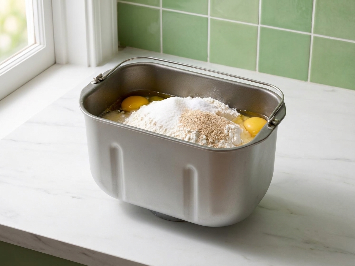 Bread machine pan filled with wet ingredients and dry ingredients layered on top before mixing, sitting on a kitchen counter
