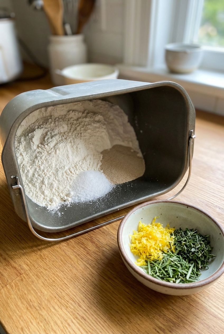 Bread machine pan on a countertop with measured flour, salt, yeast, and a small bowl of lemon zest and chopped herbs ready to add