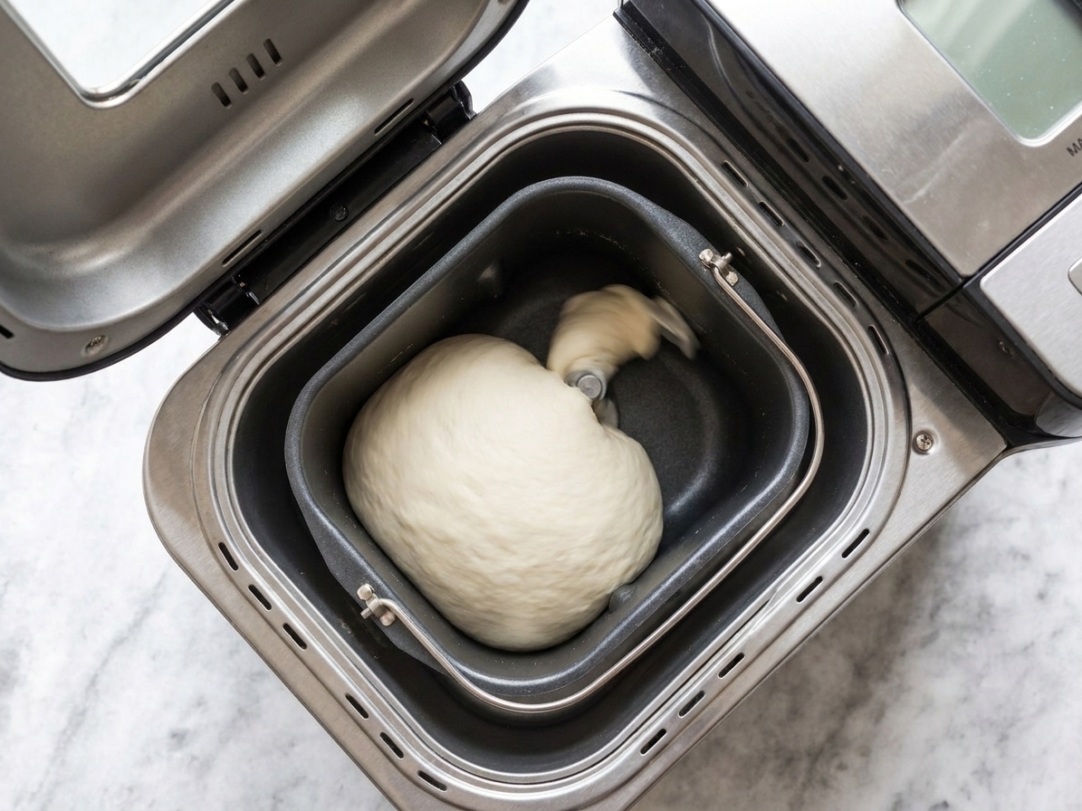 Bread machine pan with a smooth dough ball forming during the kneading cycle, viewed from above with the lid open