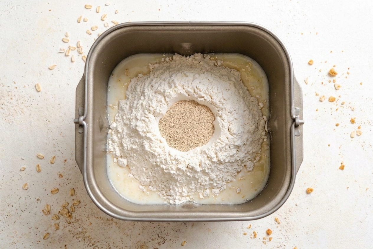Bread maker pan filled with liquids at the bottom and flour on top with a small well holding yeast before mixing