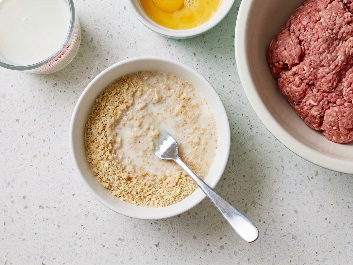 Breadcrumbs soaking in milk in a small bowl on a kitchen counter, ready to be mixed into meatloaf