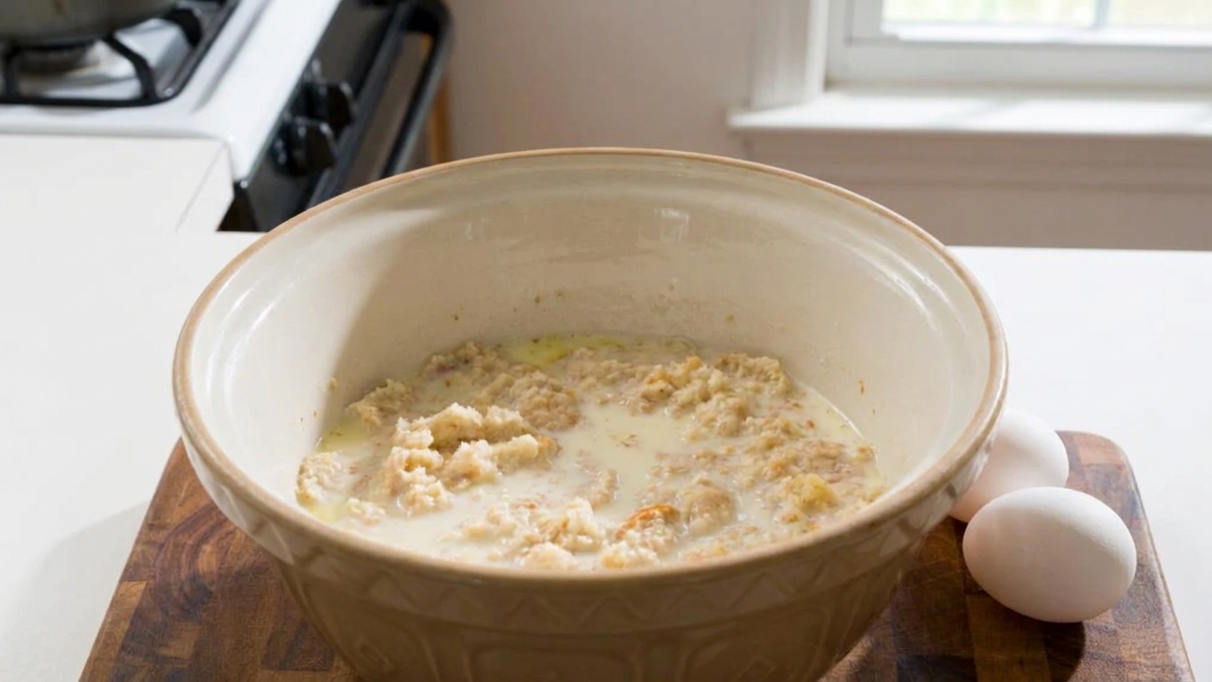 Breadcrumbs soaking in milk with eggs nearby in a mixing bowl on a kitchen counter