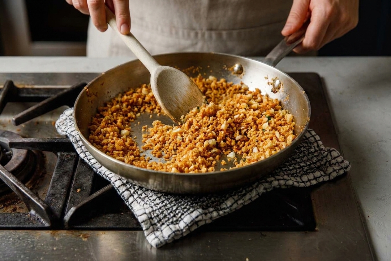 Breadcrumbs turning golden in a skillet with a wooden spoon stirring on a stovetop