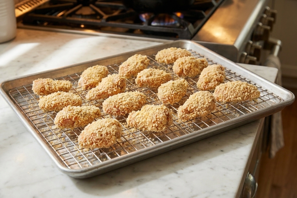 Breaded boneless chicken pieces arranged on a wire rack over a sheet pan ready to bake