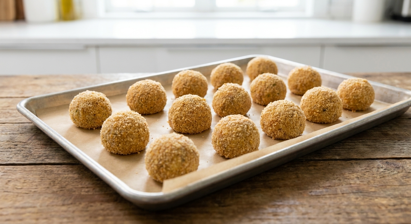 Breaded boudin balls lined up on a parchment paper lined baking sheet, ready to chill before frying