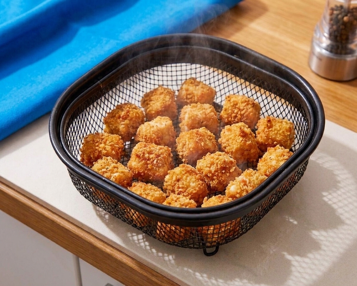 Breaded chicken bites cooking in a Ninja Crispi basket as the coating turns golden under warm kitchen lighting
