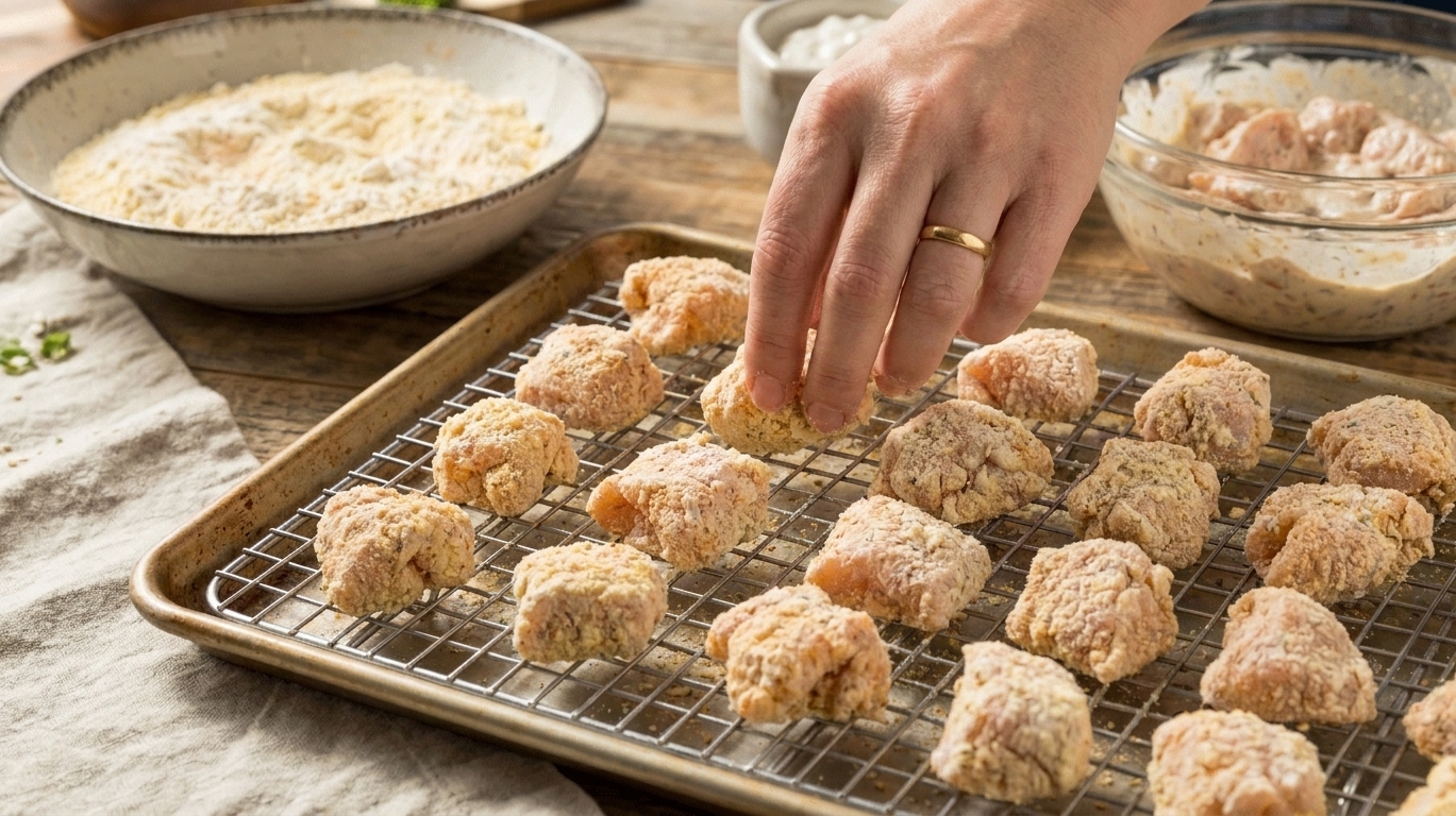 Breaded chicken bites resting on a wire rack over a sheet pan before cooking