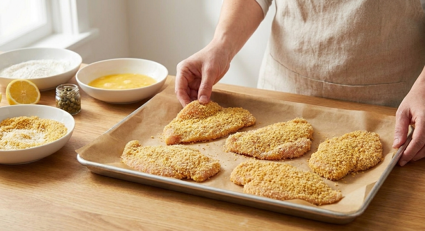 Breaded chicken cutlets arranged on a parchment-lined baking sheet, ready to pan-fry