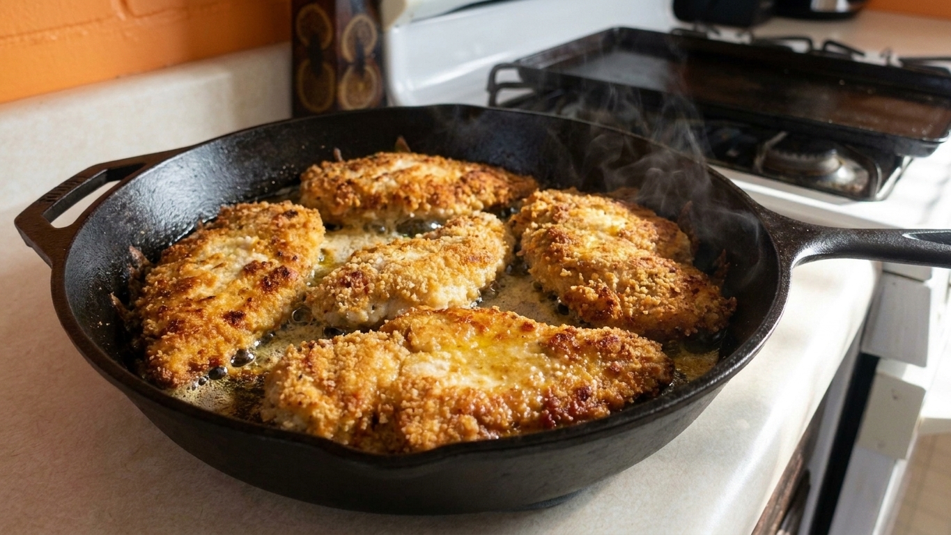 Breaded chicken cutlets frying in olive oil in a large skillet with golden brown edges forming
