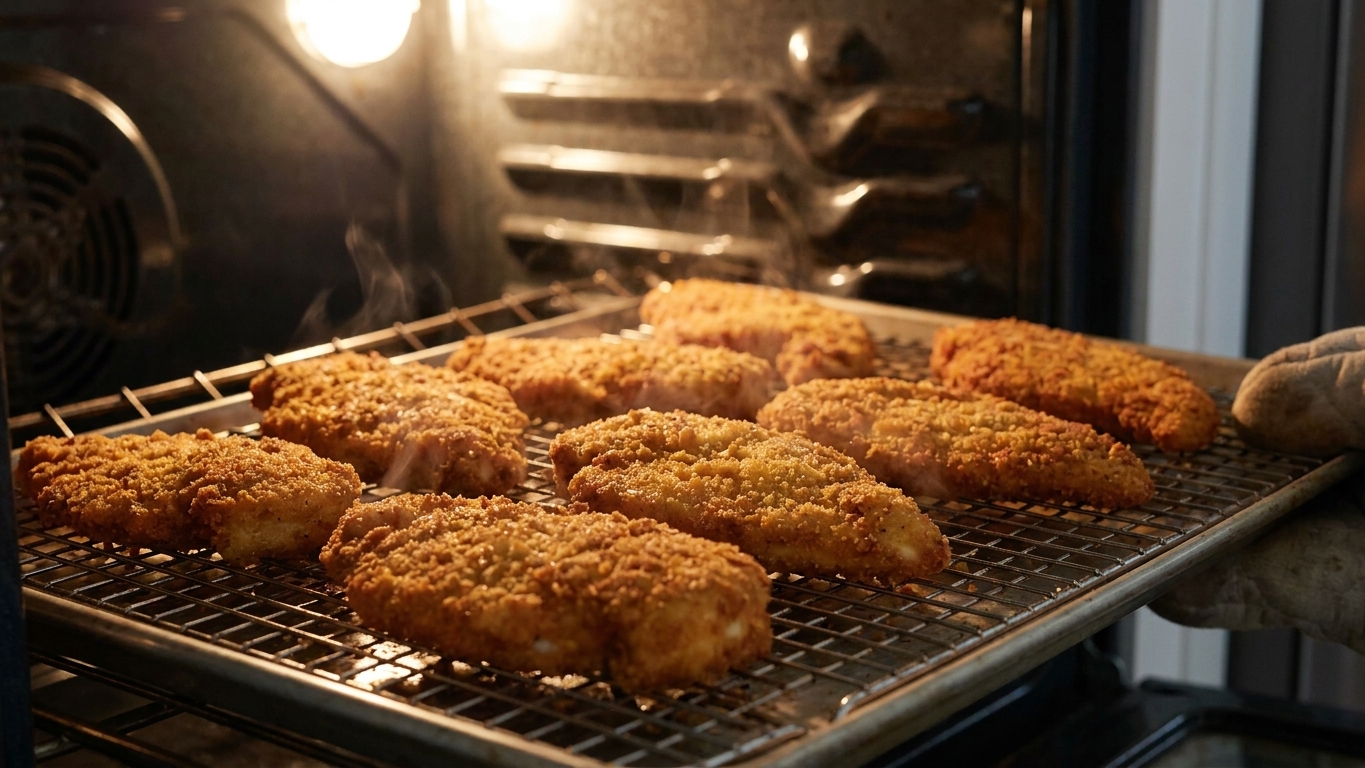 Breaded chicken cutlets reheating on a wire rack set over a sheet pan in a home oven