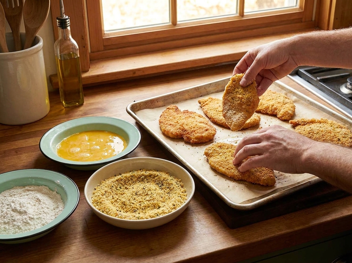 Breaded chicken cutlets resting on a parchment-lined sheet pan next to bowls of flour, egg wash, and Parmesan breadcrumbs on a kitchen counter