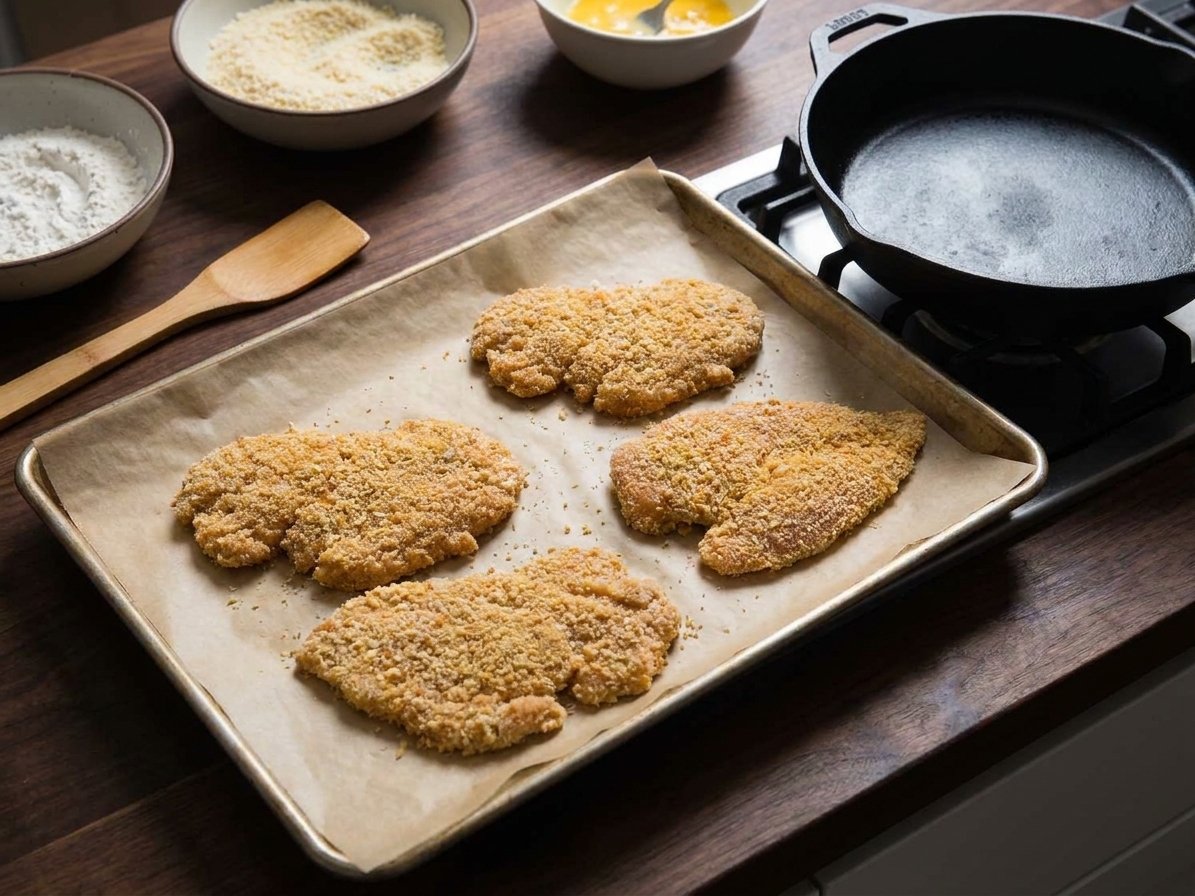 Breaded chicken cutlets resting on a parchment-lined baking sheet on a kitchen counter, ready to be fried