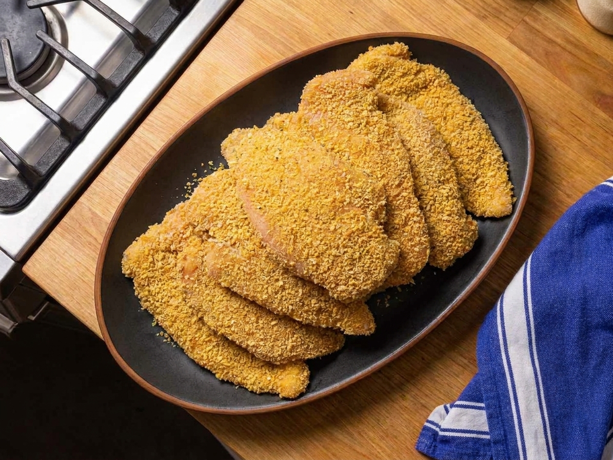 Breaded chicken cutlets resting on a plate on a kitchen counter before frying