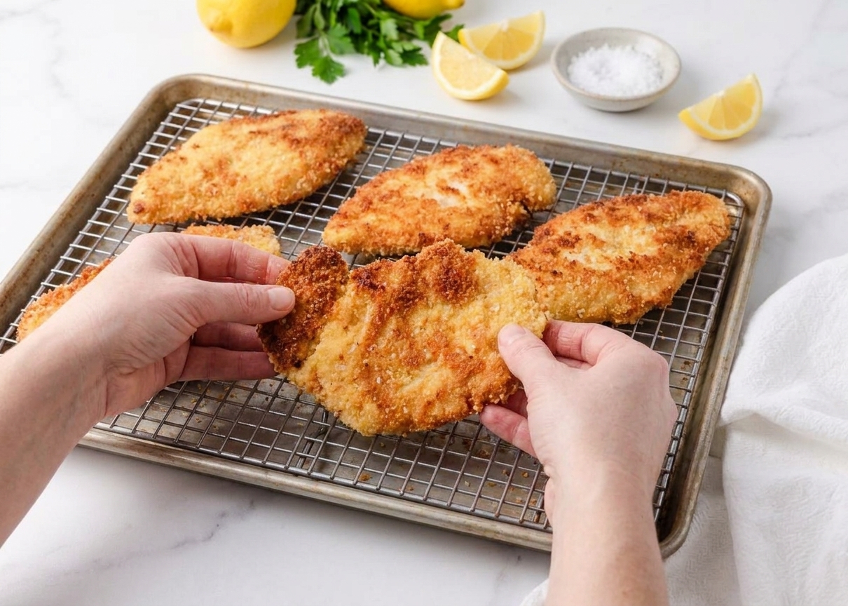 Breaded chicken cutlets resting on a wire rack over a sheet pan on a kitchen counter