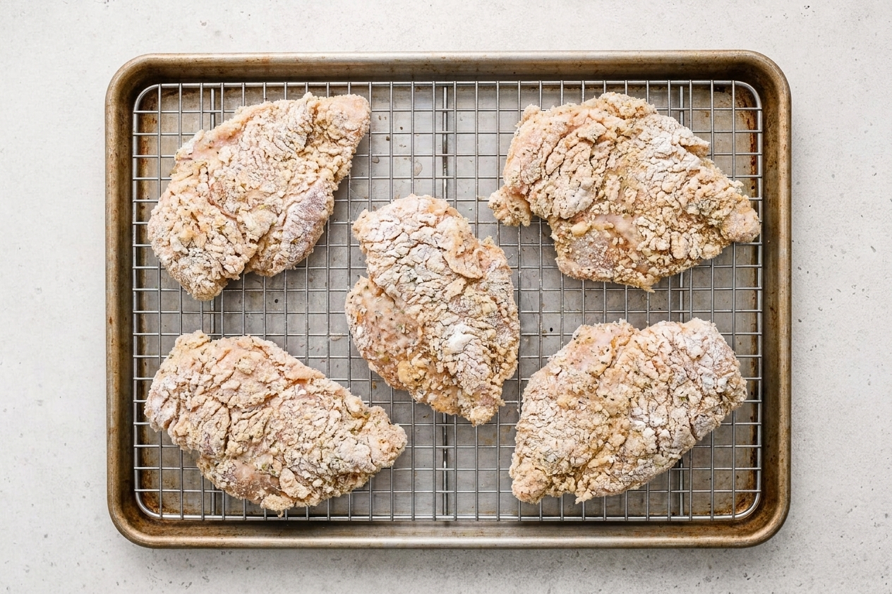 Breaded chicken cutlets resting on a wire rack over a sheet pan, flour coating slightly hydrated and craggy