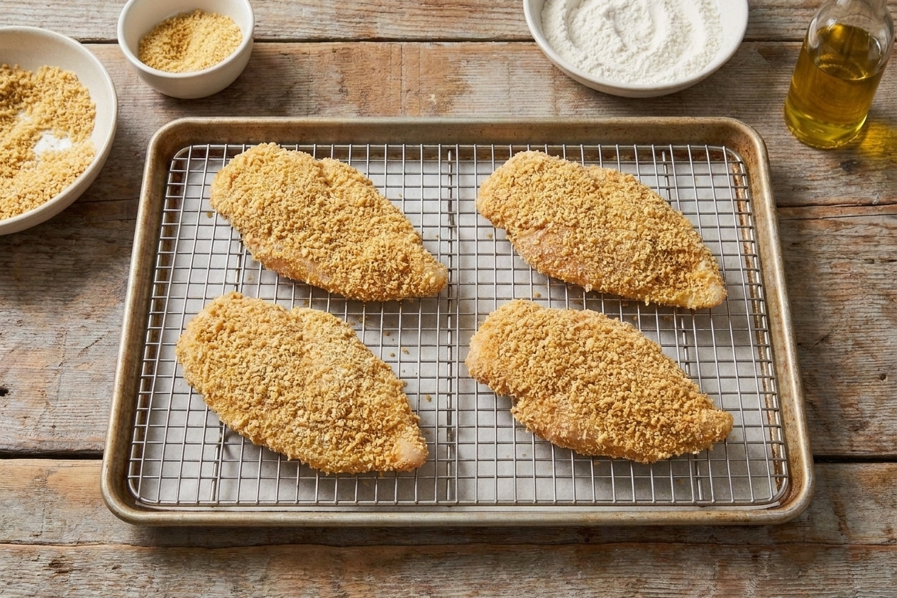 Breaded chicken cutlets resting on a wire rack set over a baking sheet, ready to be fried