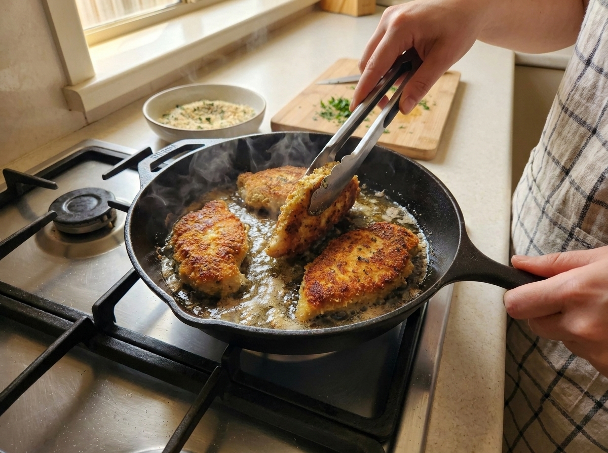 Breaded chicken cutlets sizzling in a skillet as a golden crust forms, on a home stove