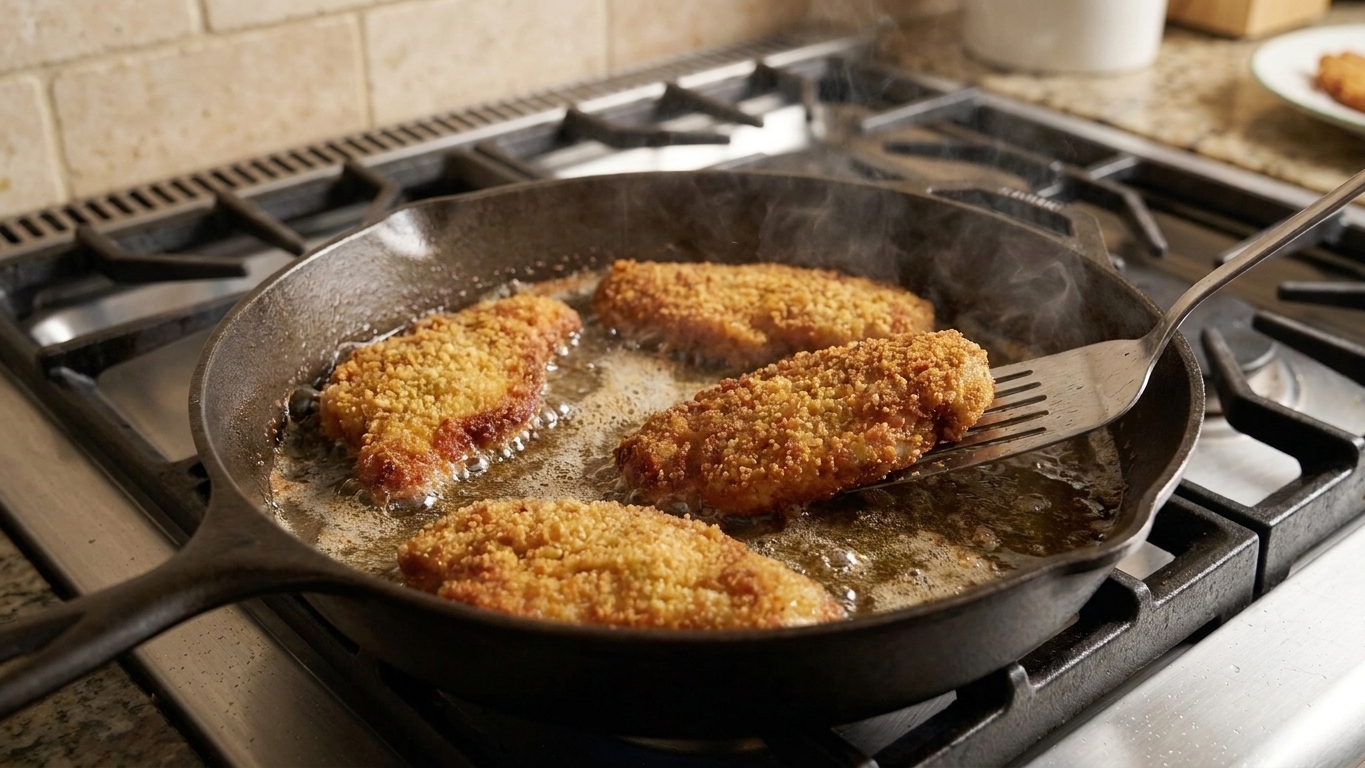 Breaded chicken cutlets sizzling in a skillet with golden edges forming as they fry