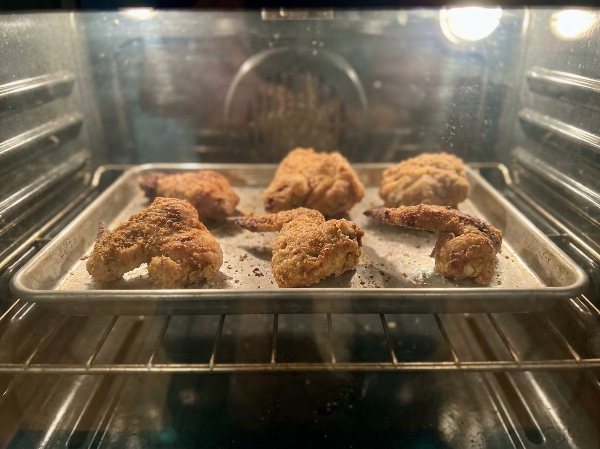 Breaded chicken pieces arranged with space between them on a rimmed sheet pan as they bake in a home oven, coating turning golden