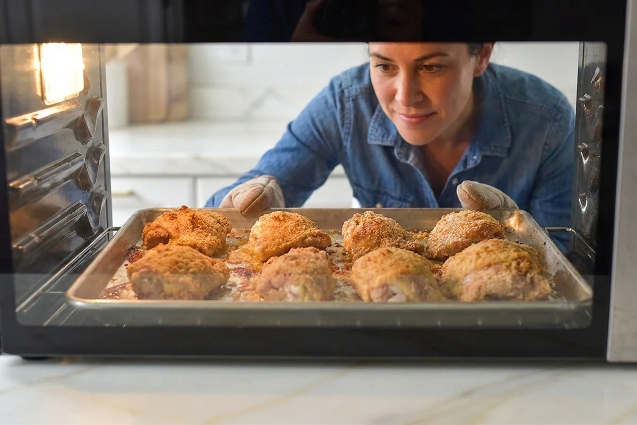 Breaded chicken pieces baking on a rimmed sheet pan in a home oven with the crust turning golden