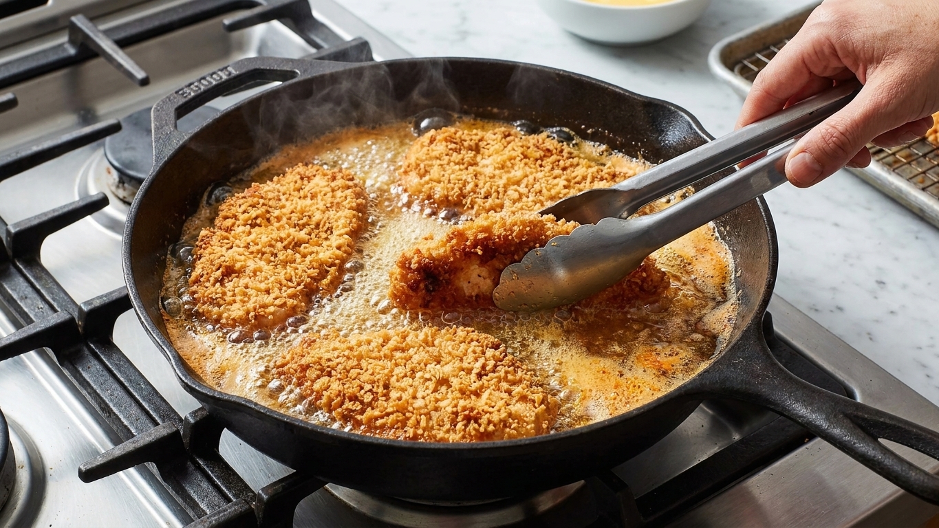 Breaded chicken pieces frying in a cast iron skillet with bubbling oil on a stovetop