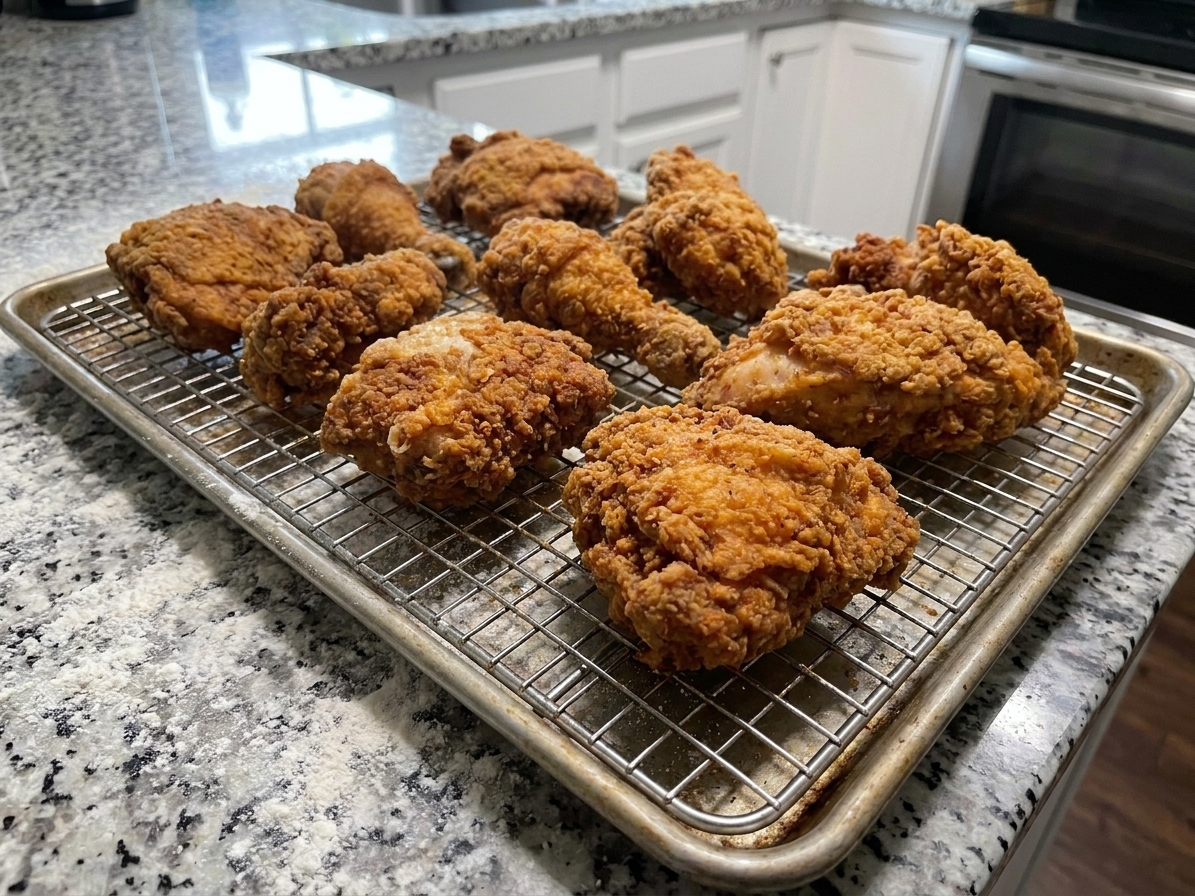 Breaded chicken pieces resting on a wire rack over a sheet pan, with a lightly floured kitchen counter and warm overhead lighting
