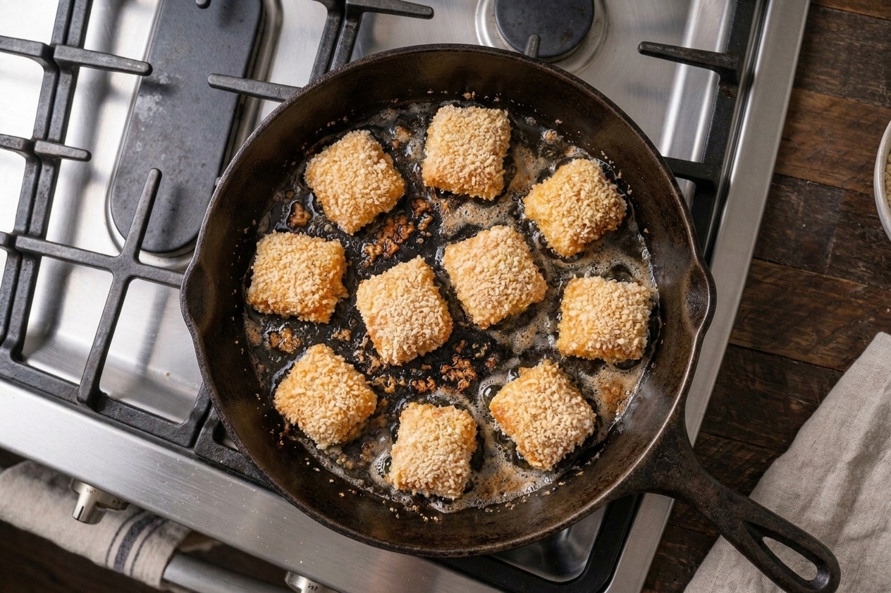 Breaded chicken pieces sizzling in a cast iron skillet with golden edges forming, shot from above on a home stove
