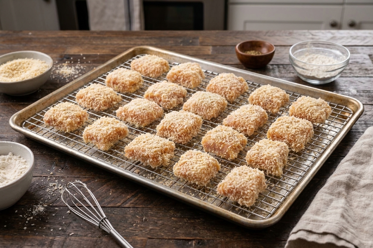 Breaded chicken pieces spread on a wire rack set over a sheet pan, ready to bake, on a home kitchen counter