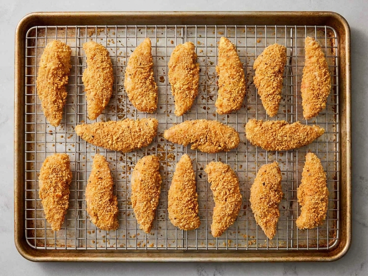 Breaded chicken tenders arranged in a single layer on a wire rack set over a rimmed sheet pan on a kitchen counter, ready to go into the oven, warm consistent lighting