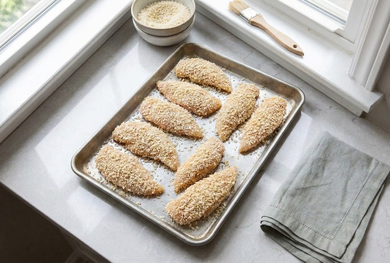 Breaded chicken tenders coated in panko breadcrumbs arranged on a sheet pan before cooking