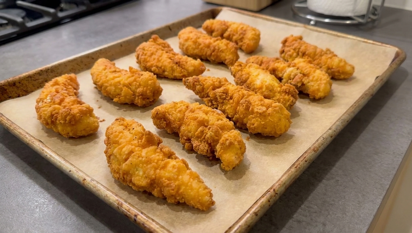 Breaded chicken tenders resting on a sheet pan lined with parchment paper in a home kitchen