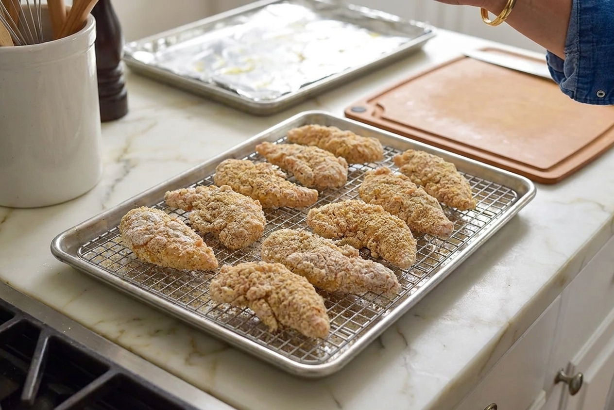 Breaded chicken tenders resting on a wire rack over a sheet pan before frying