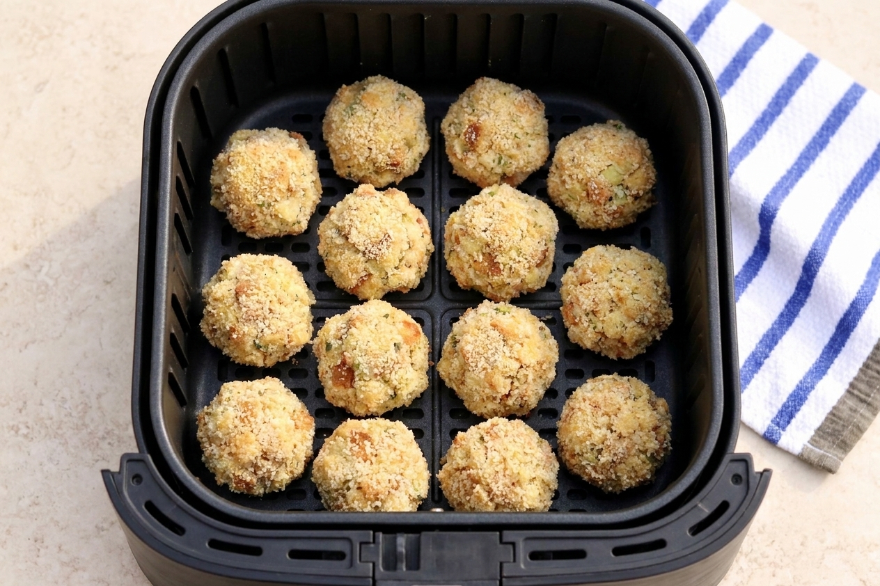 Breaded dressing balls arranged in a single layer inside an air fryer basket, just before cooking