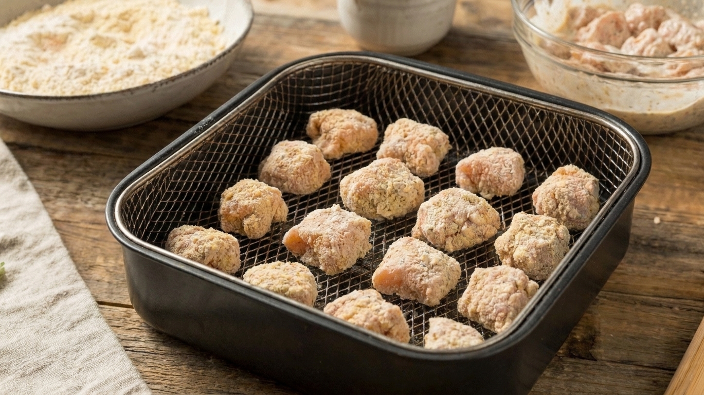 Breaded popcorn chicken pieces arranged in a single layer in an air fryer basket