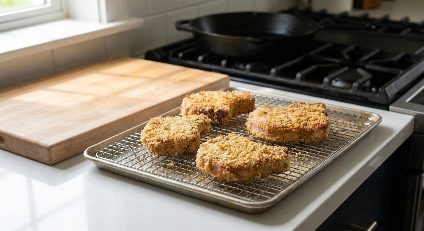 Breaded pork chops arranged on a rimmed baking sheet ready to go into the oven on a home kitchen counter
