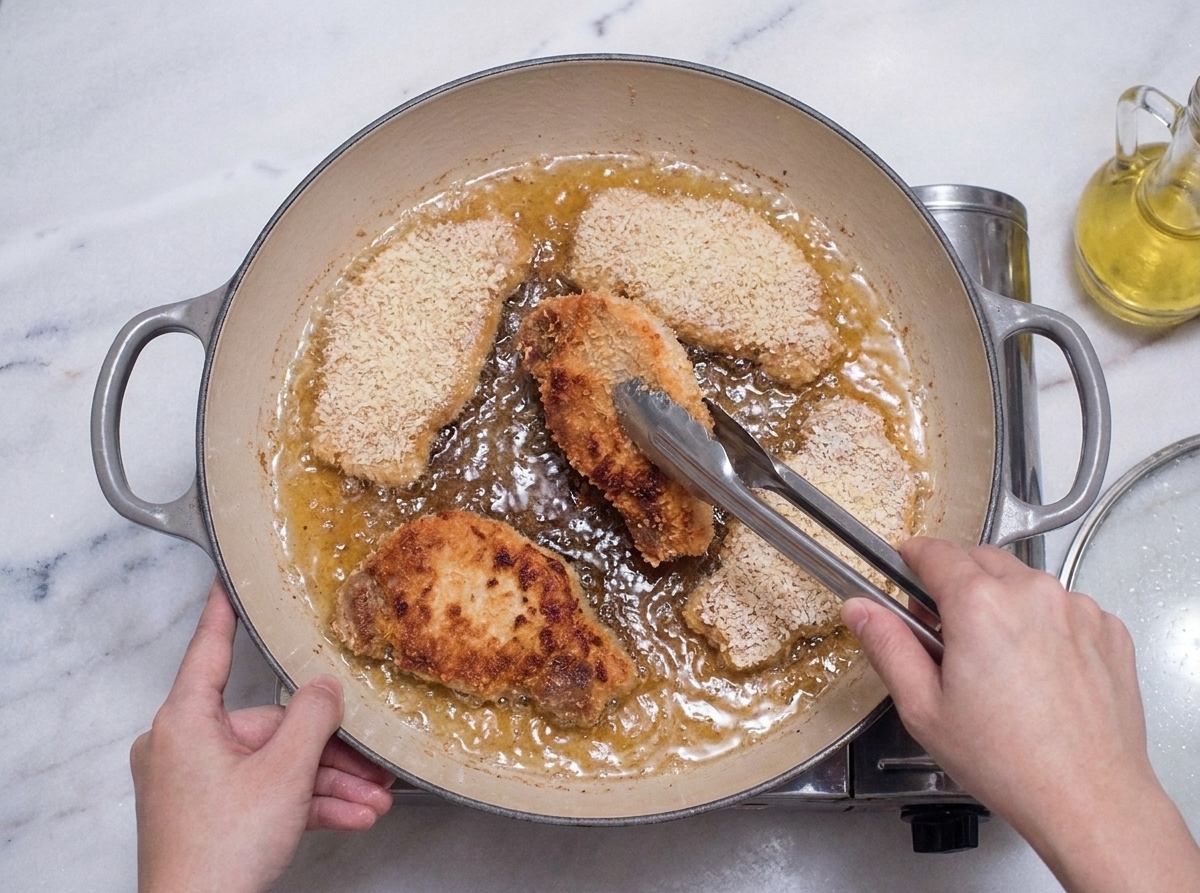 Breaded pork cutlets frying in hot oil in a skillet on a stovetop, turning golden as they cook